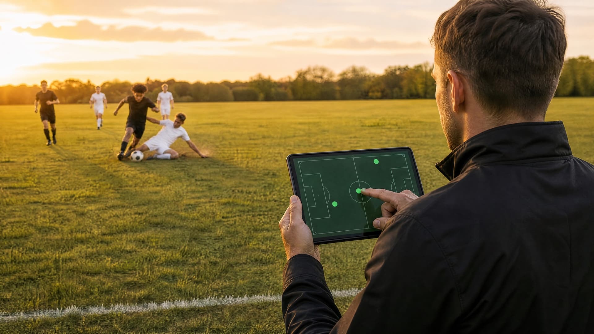 A coach tags a moment on a tablet from the sideline as the play unfolds