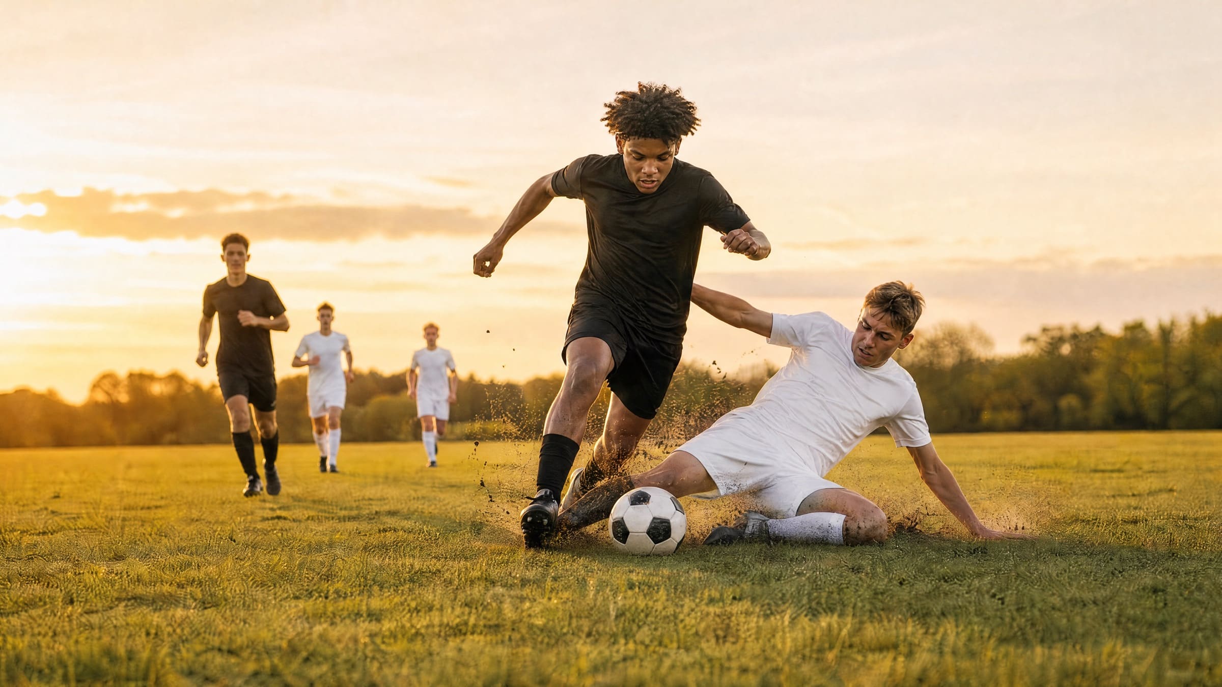 An attacker rides a sliding tackle at golden hour on a grass pitch